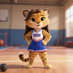 a photorealistic special effects scene from a cgi film showing a lifelike cute anthropomorphic cheetah girl / catwoman ( with fluffy fur, and long hair and expressive eyes, detailed anthro cheetah cat face, happy expression ) wearing a cheerleader uniform standing and posing in a gym. wide angle shot with no blur with photorealistic lighting.