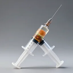 large clear syringe with a hamburger stuffed inside