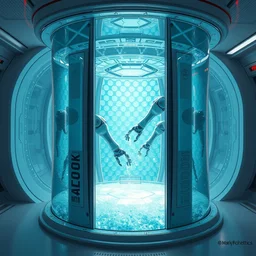futuristic aquarium medical chamber with bubbly azure fluid and robot arms doing precision work, a single large glass chamber with multiple robotic manipulators inside, mako robotics, highly integrated futuristic automatic medical care unit in a cyberpunk hospital lab, highly detailed, vibrant, hyperdetailed scifi concept art, artstation, hdr, rtx, octane render, cgsociety, solidworks