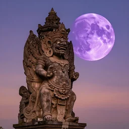 a very large purple moon over garuda wisnu kencana statue in bali just after sunset