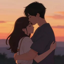 anime drawing of a woman hugging a dude with a sunset in the background. emotional, beautiful, trending on art station, digital art.