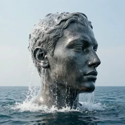 a giant dripping water sculpture of a human head on the ocean water, cinematic, in the style of chad knight, long shot, hyper detailed, hyper realistic, ray tracing, 8 k resolution, sharp focus, realistic water, award winning