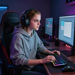 emma watson rgb keyboard  wearing a gaming headset wearing hoodie sitting on gaming chair dramatic lighting from monitor light from gaming monitor in gaming room holding gaming controller