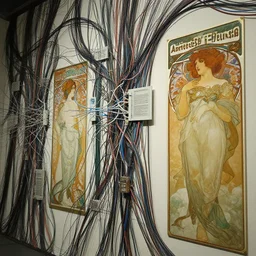 a wall crowded with wires and neural networks, sci - fi, ai, 4 k realistic, artem demura. courbet. alphonse mucha. romanticism. wires!