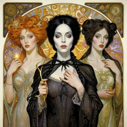 stunning exotic art nouveau portrait of the three fates as beautiful mythological witches by chris achilleos, michael kaluta and alphonse mucha, photorealism, extremely hyperdetailed, perfect symmetrical facial features, perfect anatomy, intricate declotage, eldritch powers, witchcraft, eva green, anjelica huston, yvonne de carlo, wednesday addams, morticia addams, debbie harry, siouxsie sioux, robert smith