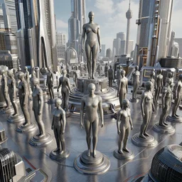 a cinema4d render of a large futuristic complex filled with humanoid statues by bakaarts