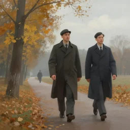 walk in ussr 1 9 5 0, volumetric lighting, autumn, morning, overcast weather, few clouds, realistic illustration, perfectly shaded, soft painting, art by krenz cushart and wenjun lin