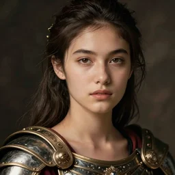 close - up portrait of beautiful young woman dressed gladiator with metallic armor, art by tim walker