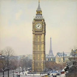 a clock tower in winter, paris 1 9 0 0, beautiful art nouveau painting