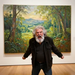 epic photo of old!!!!!!!!!!!!!!!!!!! old bob ross in a gallery frustrated and angry and yelling!!!!!!!!!!!! at a huge painting of nature!!!!!!!!!! by bob ross, grey hairs, masterpiece, trending on artstation