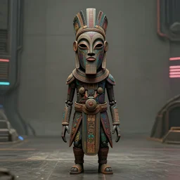 hyper realistic wide shot of an intricately detailed and beautiful african masked cyborg standing in the middle of a broad muted cyberpunk background, perfect face, fine details, muted colorful patterns, neon lights, subtle shadows, art by tim okamura and karol bak, canon eos r 3, telephoto lens, sigma 5 0 0 mm f / 5, iso 2 0 0, 1 / 1 6 0 s, 8 k, raw, unedited, in - frame