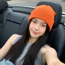 girl lounging in a convertible car wearing an orange beanie and a sleeveless shirt, selfie, faint smile