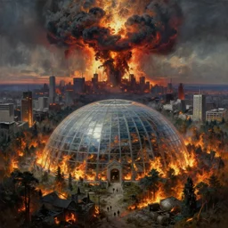 post - apocalyptic, nuclear explosion on the horizon, destruction capital city of the free republic of liberland hyperdetailed, glass dome, burning forest, artstation, painting by gaston bussiere, craig mullins, j. c. leyendecker, 8 k