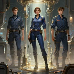 a digital concept art by artgerm and greg rutkowski and alphonse mucha. full body three - view!! t pose!! clear portrait of a lonely attractive machinist in uniform!! future factory, sci - fi repair tools, light effect. hyper detailed, character concept, glowing lights!! intricate, elegant, digital painting, artstation, smooth, sharp focus