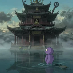 hyperrealist studio ghibli cartoon of a flooded, moody, misty temple and a small purple alien from howl's moving castle ( 2 0 0 4 ). depth perception.