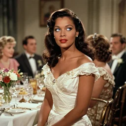 the image is a lost hollywood film still 1 9 4 0 s photograph of a woman with ebony skin, long hair, and silver - colored eyes attending a wedding banquet, and she stands out from the other guests with her exquisite attire and poise. vibrant cinematography, anamorphic lenses, crisp, detailed image in 4 k resolution.