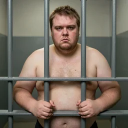 fat danish man in a prison cell behind bars, detailed, coherent, dirty