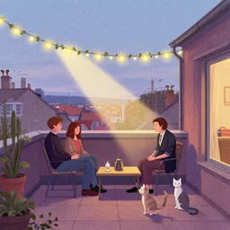 couple chilling on the rooftop terrace, beautiful view, garland, ray of light, cats. digital drawing by wes anderson, jean pierre jeunet, tim burton, tomm moore, howard arkley, karl gerstner. hyper detailed.