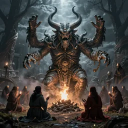 cthulhu being summoned by his acolytes during a dark sabbath