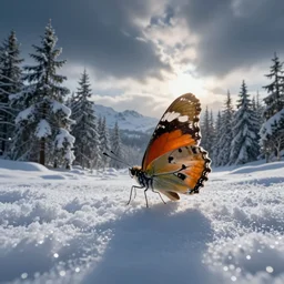 a butterfly, winter, cold, ice, ambrosius benson and beksinski, snow