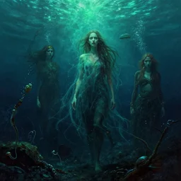 spirit wisps in the deep sea by simon stalenhag and gillis rombouts and greg rutkowski and beeple and anton fadeev, hyperrealism! chiaroscuro!!!! tonalism! vibrant! desaturation, high contrast, highly detailed, volumetric lighting, green glowing motes