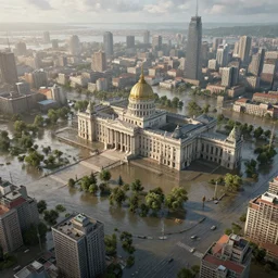 a flooded city where it has a big palace in the center, realistic, 8 k, extremely detailed, cgi, trending on artstation, hyper - realistic render, by greg rutkowski