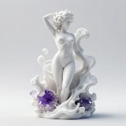 3 d fluid simulation render, octane render, xparticles, white colors, female bodies, white carved abstract sculpture, amethyst mineral quartz, swirly curls, abstract white fluid,