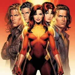 michael golden and j. scott campbell comic cover art, full body jean grey phoenix, perfectly symmetrical facial features, tight fit, rim lighting, vivid colors, joe quesada