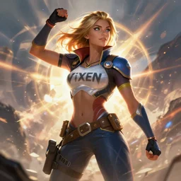 Vixen Christina Hendricks  as an Apex Legends character digital illustration portrait design by, Mark Brooks and Brad Kunkle detailed, gorgeous lighting, wide angle action dynamic portrait