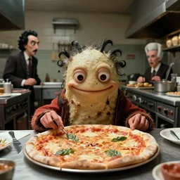 the strange pizza creature in the restaurant kitchen, film still from the movie directed by denis villeneuve and david cronenberg with art direction by salvador dali and zdzisław beksinski,