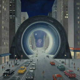 intergalactic stargate portal in the middle of a bustling city, with cars and people going about their business oblivious to the strange thing in their midst by dorothea tanning