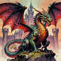 colourful - damaged - detailed image of a Mike Mignola style dragon and of a castle