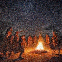 an australopithecus tribe gathering, pointing to the stars, fire pit, ambient lighting, orange pallete, anatomically correct, beautiful starry skies, 4k photo,