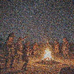 an australopithecus tribe gathering, pointing to the stars, fire pit, ambient lighting, orange pallete, anatomically correct, beautiful starry skies, 4k photo,