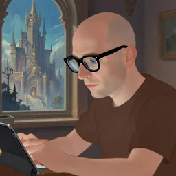 bald man with thick black glasses, blue eyes, close up portrait, sitting at desk, using ipad, ornate fantasy city outside window, adjacent window, greg rutkowski, greg manchess, brown blue color palette, lofi, profile view