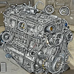 Anatomy of an Volvo D5 engine, readable anatomy of an Volvo D5 engine, Readable drawing, Realism, clear image,