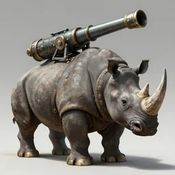 a giant anthropomorfic rhino with a giant cannon in his back, using a exoskeleton, technology, elegant, highly detailed, digital painting, artstation, concept art, smooth, sharp focus, illustration, art by krenz cushart and artem demura and alphonse mucha