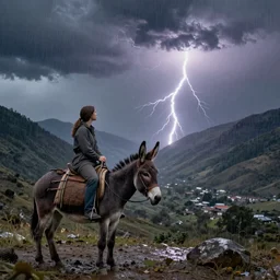 woman on a donkey gazing at a lightning bolt in the distance in a valley, heavy rain approaching, John Harris, crisp lighting, amazing detail