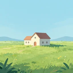 A serene landscape with a singular building in the style of happy and joyful matte painting