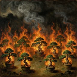 a hieronymus bosch painting of a forest of tiny bonzai trees in pots, burning in flames, smoke in the sky, ominous, oil on canvas
