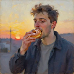 An impressionist oil painting of a man eating a doughnut in the sunset