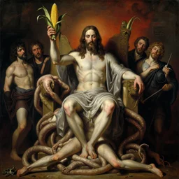 evil jesus holding cornucopia!!!!!!!!! 1 sitting on a huge!!!! throne of entwined bodies, elegant, ominous, highly detailed painting by goya!!! phil hale!! gaston bussiere, craig mullins, j. c. leyendecker, 8 k, mid shot