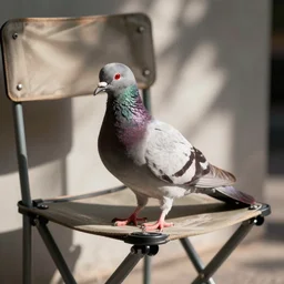 a close up photo of a pigeon sitting on a folding chair