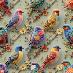 a seamless pattern of surreal, colorful, fluffy, elaborate, and detailed birds ; texture contract ; surrealism ; hyperrealism ; photorealism ; photorealistic ; surreal