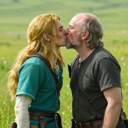 link from breath of the wild kissing a balding gray hair Russian man in a grassy plain