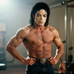soft light, very realistic film still of michael jackson as muscular bodybuilder on steroids
