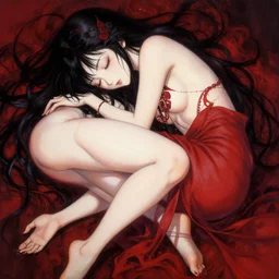 beautiful seductive female spirit, sleeping, highly detailed, painting, dark red and black color palette, intricate, high quality anime artstyle, in the style of sana takeda