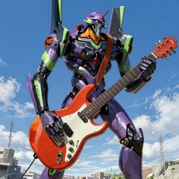 movie poster of < 3 d huge mecha > with a < full mechanical guitar >, in the style of < neon genesis evangelion >, < full body robot >, 3 d anime, arcane style, retropunk, steampunk, high resolution, 4 k, retrofuturism, by ghibli and < simon stalenhag >