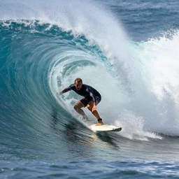 side view of a surfer is in the tube of a very large wave. highly detailed, professional high quality 4 k tight action shot heart pounding dramatic lighting