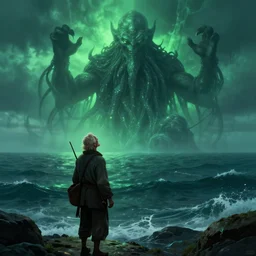 cinematic artwork of an old fisherman looking up at cthulhu as he emerges from the ocean, beautiful, dusk, green ambient light, trending on artstation